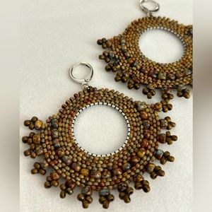 Beaded Earring Picasso, Brown, 6cm diameter, dangle earrings, boho jewelry, New